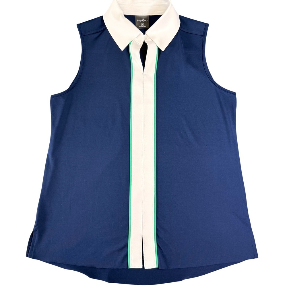 Belyn Key Womens Sleeveless Golf Polo Navy Blue‎ White Green Striped Size Small